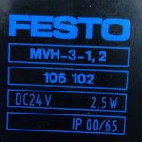 Festo MVH-5-1/8 B-VI Solenoid Valve W/ MVH-3-1,2 Solenoid Coil 145PSI 24VDC