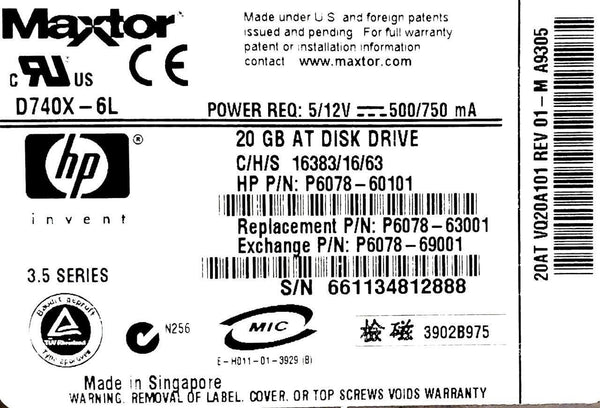 Maxtor D740X-6L 20GB Disk Hard Drive 3.5 Ser 910199R BCM FRU NTAB9947-