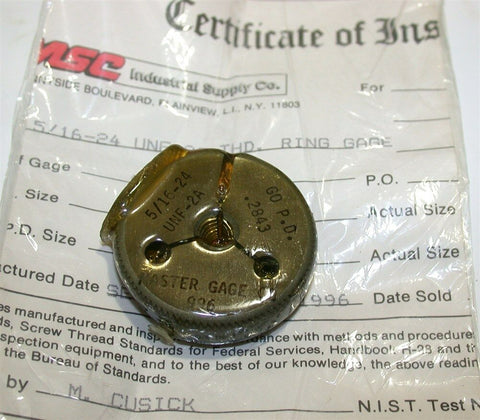 NEW MASTER GAGE CO. GO THREAD RING GAGE 5/16"-24 UNF-2A w/ CERTIFICATION
