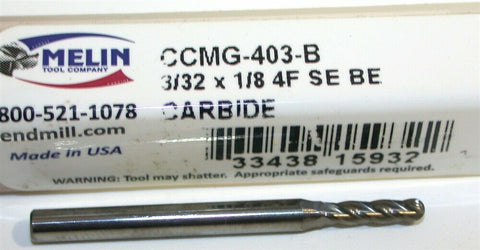 Melin 3/32" Diameter 1/8" Shank Carbide Ball End Mill CCMG-403-B New