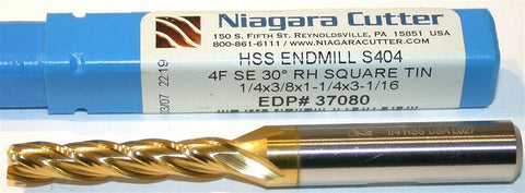 Up to 2 New Niagara 1/4" diameter 3/8" Shank Tin Coat 4 Flute HSS End Mill 37080