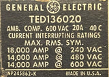 General Electric TED136020 3-Pole Circuit Breaker 20A 600V 3 Phase Bolt-On
