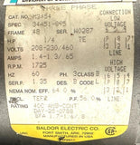 Baldor M3454 Electric Motor 1/4 HP 1725 RPM 208-230/460V 3 Phase