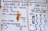 Square D H321N Heavy Duty Safety Switch 30A 240VAC 7-1/2HP Max 3 Phase