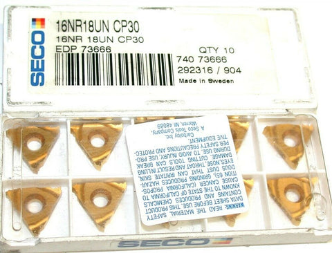 Lot of 10 New Seco Indexable Tin Coat Carbide Threading Inserts 16NR18UN CP30