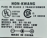 Hon-Kwang 13007 Plug-In Transformer AC Adapter D7-10-02 120VAC 60HZ 18W 9VDC