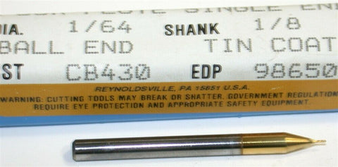 Up to 2 New Niagara Carbide 1/64" Diameter 4 Flute TiN Coat Ball End Mills 98650