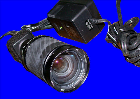 WATEC CCD VIDEO CAMERA WITH COMPUTAR 200 MM LENS AND 12 V POWER SUPPLY