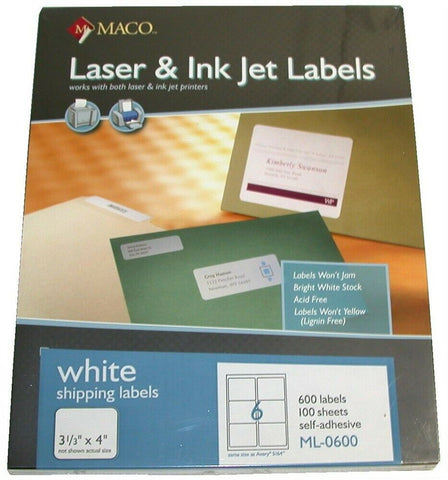Up to 5 New Boxes Maco 3 1/3" x 4" of 600 Laser and Ink Jet Labels ML-0600