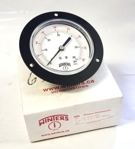 Winters Q563 Panel Mount Pressure Gauge 0-60 PSI 3.5" Face 1/4" NPT