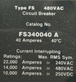 Cutler-Hammer FS340040A 3 Pole Circuit Breaker 40A 480VAC