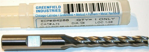 Greenfield Putnam 1/4" Diameter 3/8" Shank X Long 4 Flute HSS End Mill 94288 New