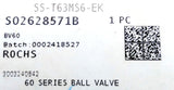 Swagelok SS-T63MS6-EK 60 Series Ball Valve 1000 PSIG @ 100°F 3/8" Tube Diameter