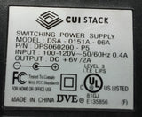 DVE CUI Stack DSA-0151A-06A Switching Power Supply 100-120V .4A 50/60HZ 6VDC