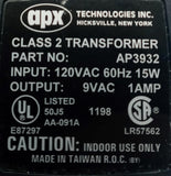 APX AP3932 Class 2 Transformer AC Adaptor 9/120VAC 60HZ 15W 1A