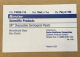 Baxter P4650-110 10ml in 1/10 10 mL Glass Serological Pipette (Pack of 100)