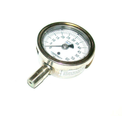 ASHCROFT  DURALIFE PLUS!  BOTTOM MOUNT AIR PRESSURE GAUGE 1/4 NPT 0-60 PSII