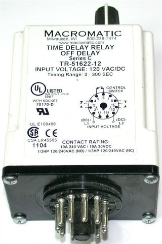 Up to 3 Macromatic Time Delay Relay 3-300 Seconds 120VAC/DC TR-51622-12