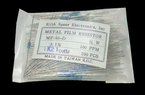 KOA SPEER ELECTRONICS MF-55-D PACK OF 200 NEW METAL FILM RESISTORS 1K21OHM 1/4 W