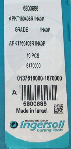 Lot of 10 New 5800685 Ingersoll Carbide Milling Inserts APKT160408R IN40P