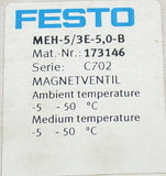 Festo MEH-5/3E-5,0-B Pneumatic 5/3 Solenoid Valve 173146 NIB