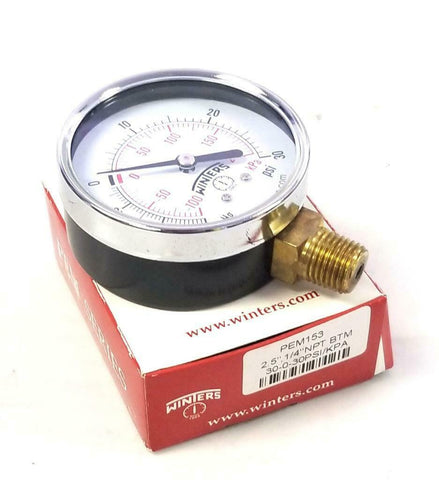 Winters PEM153 Pressure Gauge 30-0-30 PSI 2.5" Face 1/4" NPT