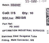 Swagelok SS-600-1-6W Stainless Steel 3/8" O.D. Tube Fitting Male Connector