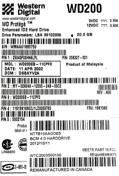 Western Digital WD200 Enhanced IDE Hard Drive WD200EB-11CPF0 WD200 20G