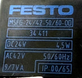 Festo MFH-5-1/4B Solenoid Valve 145PSI w/ MSFG-24/42-50/60-0D & KMF-1-24-2.5-LED