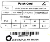 RoHS LCSCDUPMM-3M Patch Cord 3M LC/PC to SC/PC Duplex 62.5/125 (Lot of 10)