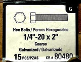 (Lot of 2) Crown Bolt 80480 Hex Bolts 1/4" - 20 x 2" Coarse Galvanized 15PCS