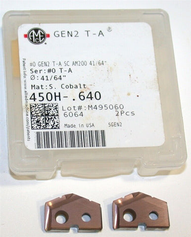 2 Allied Machine Original T-A 41/64" (.6406") Spade Drilling Insert 450H-.640