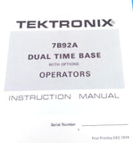 Tektronix 7B92A Dual Time Base With Options Operators Instruction Manual
