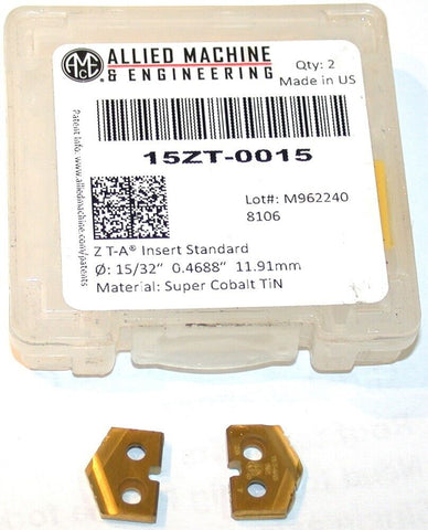 2 Allied Machine Original T-A 15/32" Carbide Spade Drilling Insert 15ZT-0015