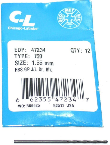 Lot of 12 New Chicago Latrobe Type 150 1.55mm HSS Drills 47234 USA