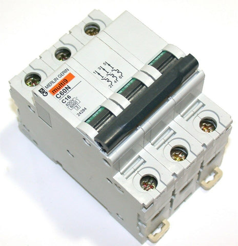 UP TO 2 MERLIN GERIN 16 AMP 3 POLE TYPE C CIRCUIT BREAKER DIN MOUNT 24284