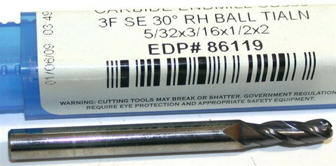 Niagara Carbide 5/32" 3 Flute Carbide TiAlN Coat Ball End Mill 86119 New