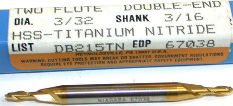 Niagara 3/32" 3/16" Shank 2 Flute Double End TiN Coat Ball End Mill 67038