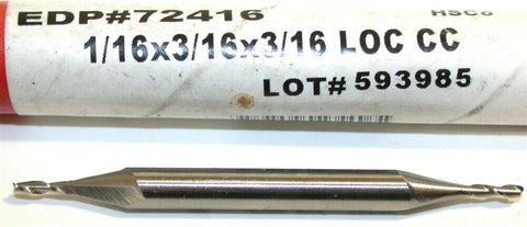 Brubaker 1/16" Diameter 3/16" Shank 2 Flute HSS Double End Mill 72416 New